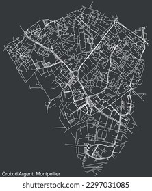 Detailed hand-drawn navigational urban street roads map of the CROIX D’ARGENT QUARTER of the French city of MONTPELLIER, France with vivid road lines and name tag on solid background