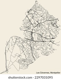 Detailed hand-drawn navigational urban street roads map of the LES CEVENNES QUARTER of the French city of MONTPELLIER, France with vivid road lines and name tag on solid background