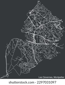 Detailed hand-drawn navigational urban street roads map of the LES CEVENNES QUARTER of the French city of MONTPELLIER, France with vivid road lines and name tag on solid background