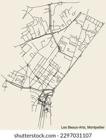 Detailed hand-drawn navigational urban street roads map of the LES BEAUX-ARTS NEIGHBOURHOOD of the French city of MONTPELLIER, France with vivid road lines and name tag on solid background