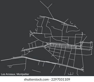 Detailed hand-drawn navigational urban street roads map of the LES ARCEAUX NEIGHBOURHOOD of the French city of MONTPELLIER, France with vivid road lines and name tag on solid background