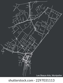 Detailed hand-drawn navigational urban street roads map of the LES BEAUX-ARTS NEIGHBOURHOOD of the French city of MONTPELLIER, France with vivid road lines and name tag on solid background