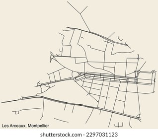 Detailed hand-drawn navigational urban street roads map of the LES ARCEAUX NEIGHBOURHOOD of the French city of MONTPELLIER, France with vivid road lines and name tag on solid background