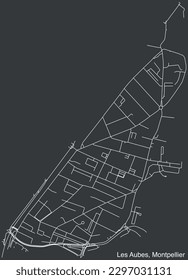 Detailed hand-drawn navigational urban street roads map of the LES AUBES NEIGHBOURHOOD of the French city of MONTPELLIER, France with vivid road lines and name tag on solid background