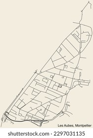 Detailed hand-drawn navigational urban street roads map of the LES AUBES NEIGHBOURHOOD of the French city of MONTPELLIER, France with vivid road lines and name tag on solid background