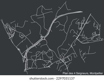 Detaillierte, handgezeichnete Straßenkarte für die Navigation auf den Straßen des PLAN DES 4 SEIGNEURS NEIGHBORHOOD der französischen Stadt MONTPELLIER, Frankreich mit lebhaften Straßenlinien und Namensschild auf festem Hintergrund