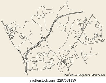 Detaillierte, handgezeichnete Straßenkarte für die Navigation auf den Straßen des PLAN DES 4 SEIGNEURS NEIGHBORHOOD der französischen Stadt MONTPELLIER, Frankreich mit lebhaften Straßenlinien und Namensschild auf festem Hintergrund