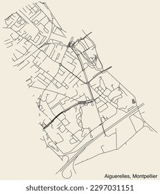 Detailed hand-drawn navigational urban street roads map of the AIGUERELLES NEIGHBOURHOOD of the French city of MONTPELLIER, France with vivid road lines and name tag on solid background