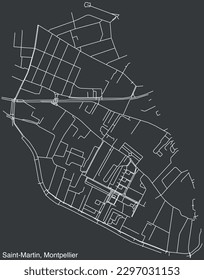 Detailed hand-drawn navigational urban street roads map of the SAINT MARTIN NEIGHBOURHOOD of the French city of MONTPELLIER, France with vivid road lines and name tag on solid background