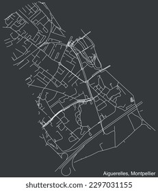 Detailed hand-drawn navigational urban street roads map of the AIGUERELLES NEIGHBOURHOOD of the French city of MONTPELLIER, France with vivid road lines and name tag on solid background