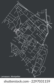 Detailed hand-drawn navigational urban street roads map of the LEMASSON NEIGHBOURHOOD of the French city of MONTPELLIER, France with vivid road lines and name tag on solid background