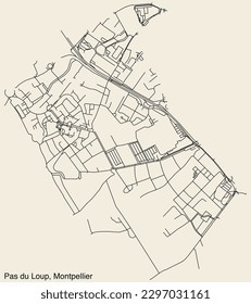 Detailed hand-drawn navigational urban street roads map of the PAS DU LOUP NEIGHBOURHOOD of the French city of MONTPELLIER, France with vivid road lines and name tag on solid background