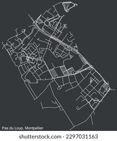 Detailed hand-drawn navigational urban street roads map of the PAS DU LOUP NEIGHBOURHOOD of the French city of MONTPELLIER, France with vivid road lines and name tag on solid background