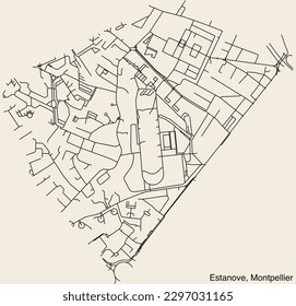 Detailed hand-drawn navigational urban street roads map of the ESTANOVE NEIGHBOURHOOD of the French city of MONTPELLIER, France with vivid road lines and name tag on solid background
