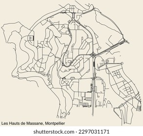 Detailed hand-drawn navigational urban street roads map of the LES HAUTS DE MASSANE NEIGHBOURHOOD of the French city of MONTPELLIER, France with vivid road lines and name tag on solid background