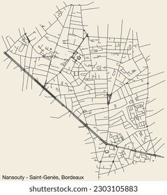 Detailed hand-drawn navigational urban street roads map of the NANSOUTY - SAINT-GENES QUARTER of the French city of BORDEAUX, France with vivid road lines and name tag on solid background