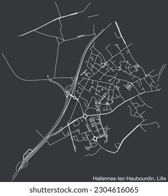 Detailed hand-drawn navigational urban street roads map of the HALLENNES-LEZ-HAUBOURDIN QUARTER of the French city of LILLE, France with vivid road lines and name tag on solid background