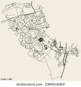 Detailed hand-drawn navigational urban street roads map of the LOOS QUARTER of the French city of LILLE, France with vivid road lines and name tag on solid background