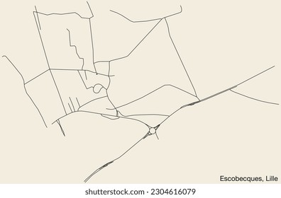 Detailed hand-drawn navigational urban street roads map of the ESCOBECQUES QUARTER of the French city of LILLE, France with vivid road lines and name tag on solid background