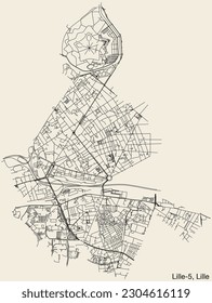 Detailed hand-drawn navigational urban street roads map of the LILLE-5 CANTON of the French city of LILLE, France with vivid road lines and name tag on solid background