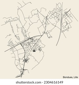 Detailed hand-drawn navigational urban street roads map of the BONDUES QUARTER of the French city of LILLE, France with vivid road lines and name tag on solid background