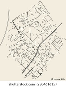 Detailed hand-drawn navigational urban street roads map of the MOUVAUX QUARTER of the French city of LILLE, France with vivid road lines and name tag on solid background