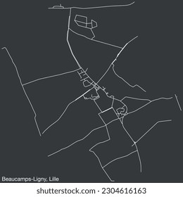 Mapa detallado de las calles urbanas de navegación a mano del BELCAMPS-LIGNY QUARTER de la ciudad francesa de LILLE, Francia con líneas vivas de carreteras y etiqueta de nombre en fondo sólido