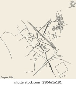 Detailed hand-drawn navigational urban street roads map of the ENGLOS QUARTER of the French city of LILLE, France with vivid road lines and name tag on solid background