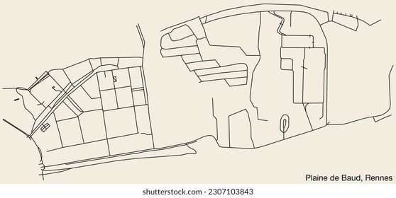 Detailed hand-drawn navigational urban street roads map of the PLAINE DE BAUD SUB-QUARTER of the French city of RENNES, France with vivid road lines and name tag on solid background