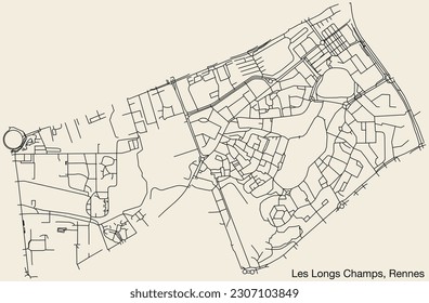 Detailed hand-drawn navigational urban street roads map of the LES LONGS-CHAMPS SUB-QUARTER of the French city of RENNES, France with vivid road lines and name tag on solid background