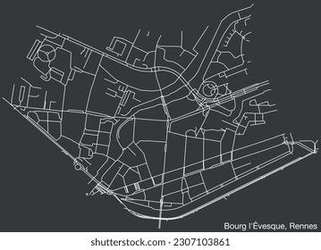 Detailed hand-drawn navigational urban street roads map of the BOURG-L'ÉVESQUE SUB-QUARTER of the French city of RENNES, France with vivid road lines and name tag on solid background