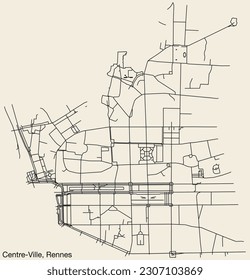 Detailed hand-drawn navigational urban street roads map of the CENTRE-VILLE SUB-QUARTER of the French city of RENNES, France with vivid road lines and name tag on solid background