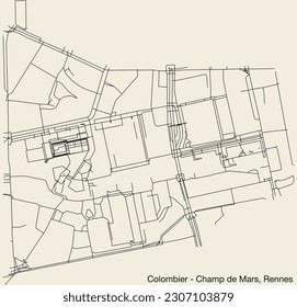 Detailed hand-drawn navigational urban street roads map of the COLOMBIER - CHAMP-DE-MARS SUB-QUARTER of the French city of RENNES, France with vivid road lines and name tag on solid background