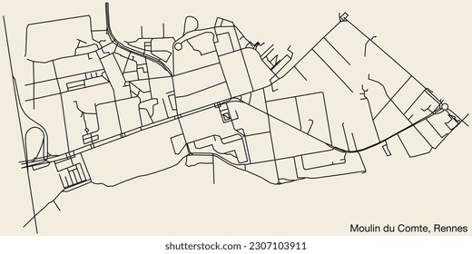 Mapa detallado de las carreteras urbanas de navegación a mano del MOULIN DU COMTE SUB-TRIMESTRE de la ciudad francesa de RENNES, Francia con líneas vivas de carretera y etiqueta de nombre en fondo sólido