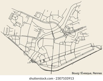 Detailed hand-drawn navigational urban street roads map of the BOURG-L'ÉVESQUE SUB-QUARTER of the French city of RENNES, France with vivid road lines and name tag on solid background