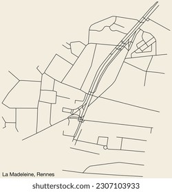 Detailed hand-drawn navigational urban street roads map of the LA MADELEINE  SUB-QUARTER of the French city of RENNES, France with vivid road lines and name tag on solid background