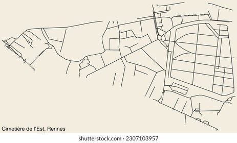 Detailed hand-drawn navigational urban street roads map of the CIMETIÈRE DE L'EST SUB-QUARTER of the French city of RENNES, France with vivid road lines and name tag on solid background