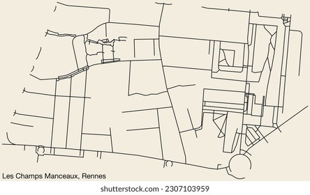 Detailed hand-drawn navigational urban street roads map of the LES CHAMPS MANCEAUX SUB-QUARTER of the French city of RENNES, France with vivid road lines and name tag on solid background