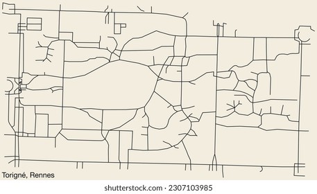 Detailed hand-drawn navigational urban street roads map of the TORIGNÉ SUB-QUARTER of the French city of RENNES, France with vivid road lines and name tag on solid background