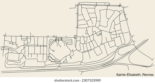 Detailed hand-drawn navigational urban street roads map of the SAINTE-ELISABETH SUB-QUARTER of the French city of RENNES, France with vivid road lines and name tag on solid background