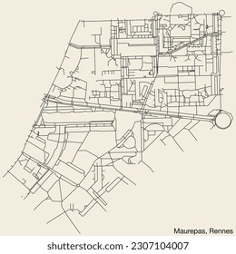 Detailed hand-drawn navigational urban street roads map of the MAUREPAS SUB-QUARTER of the French city of RENNES, France with vivid road lines and name tag on solid background