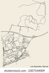 Detailed hand-drawn navigational urban street roads map of the LES GAYEULLES SUB-QUARTER of the French city of RENNES, France with vivid road lines and name tag on solid background