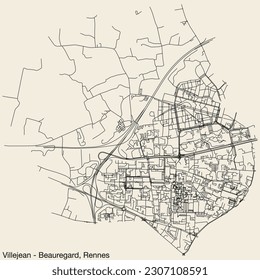 Detailed hand-drawn navigational urban street roads map of the VILLEJEAN - BEAUREGARD QUARTER of the French city of RENNES, France with vivid road lines and name tag on solid background