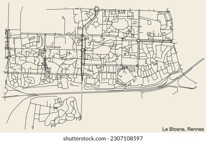 Detailed hand-drawn navigational urban street roads map of the LE BLOSNE QUARTER of the French city of RENNES, France with vivid road lines and name tag on solid background