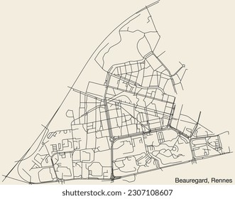 Detailed hand-drawn navigational urban street roads map of the BEAUREGARD SUB-QUARTER of the French city of RENNES, France with vivid road lines and name tag on solid background