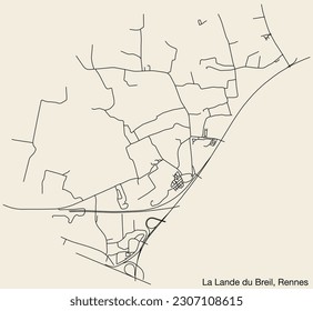 Mapa detallado de las carreteras urbanas de navegación a mano de la SUB-CUARTA DE LA LANDE DU BREIL de la ciudad francesa de RENNES, Francia con líneas vivas de carretera y etiqueta de nombre en fondo sólido