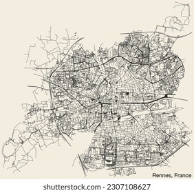 Detailed hand-drawn navigational urban street roads map of the French city of RENNES, FRANCE with solid road lines and name tag on vintage background