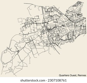 Detailed hand-drawn navigational urban street roads map of the QUARTIERS OUEST QUARTER of the French city of RENNES, France with vivid road lines and name tag on solid background