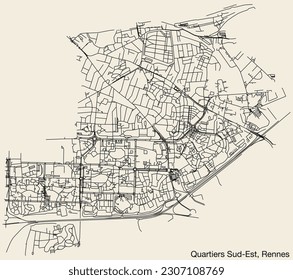 Detailed hand-drawn navigational urban street roads map of the QUARTIERS SUD-EST QUARTER of the French city of RENNES, France with vivid road lines and name tag on solid background