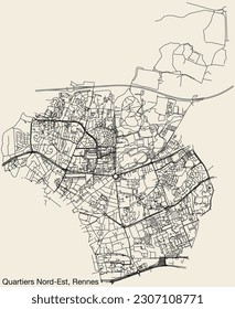 Detailed hand-drawn navigational urban street roads map of the QUARTIERS NORD-EST QUARTER of the French city of RENNES, France with vivid road lines and name tag on solid background